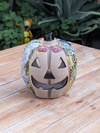 Halloween Pumpkin Decor | Hand Painted Butterfly Floral Jack-o-Lantern  | Mexican Pottery Candle Holder