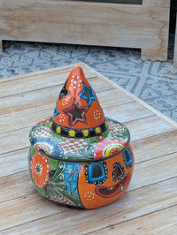 Jack o Lantern Halloween Pumpkin Decor |  13.5" Tall Mexican Talavera Pottery Candle Holder