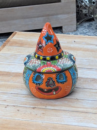 Jack o Lantern Halloween Pumpkin Decor |  13.5" Tall Mexican Talavera Pottery Candle Holder