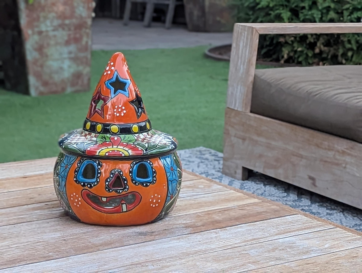 Jack o Lantern Halloween Pumpkin Decor |  13.5" Tall Mexican Talavera Pottery Candle Holder