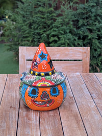 Jack o Lantern Halloween Pumpkin Decor |  13.5" Tall Mexican Talavera Pottery Candle Holder
