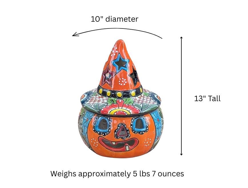Jack o Lantern Halloween Pumpkin Decor |  13.5" Tall Mexican Talavera Pottery Candle Holder