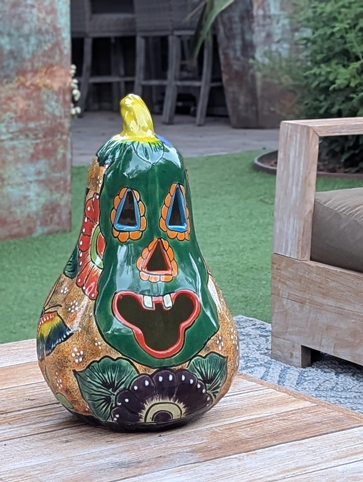 Green Talavera Pumpkin Decor | Handmade Mexican Ceramic Jack-o-Lantern Candle Holder