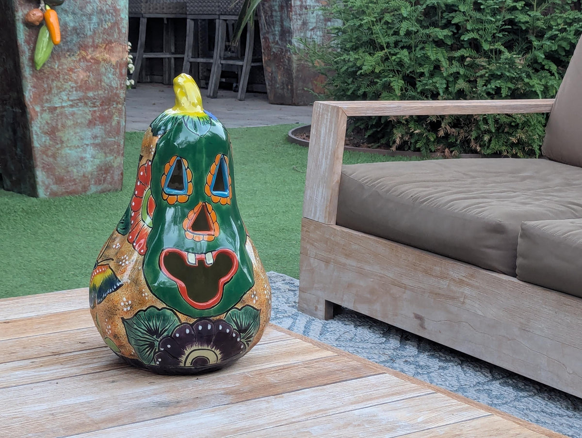 Green Talavera Pumpkin Decor | Handmade Mexican Ceramic Jack-o-Lantern Candle Holder