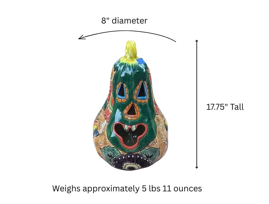 Green Talavera Pumpkin Decor | Handmade Mexican Ceramic Jack-o-Lantern Candle Holder