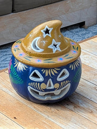 Hand Painted Clay Pumpkin Halloween Decor | Blue Jack O Lantern Mexican Talavera Candle Holder