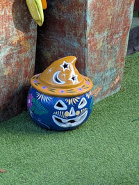 Hand Painted Clay Pumpkin Halloween Decor | Blue Jack O Lantern Mexican Talavera Candle Holder