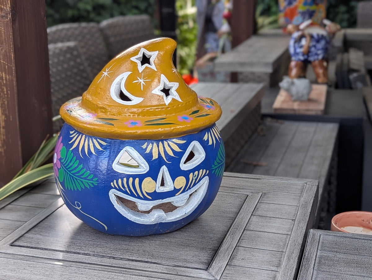 Hand Painted Clay Pumpkin Halloween Decor | Blue Jack O Lantern Mexican Talavera Candle Holder