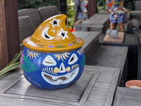 Hand Painted Clay Pumpkin Halloween Decor | Blue Jack O Lantern Mexican Talavera Candle Holder