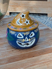 Hand Painted Clay Pumpkin Halloween Decor | Blue Jack O Lantern Mexican Talavera Candle Holder