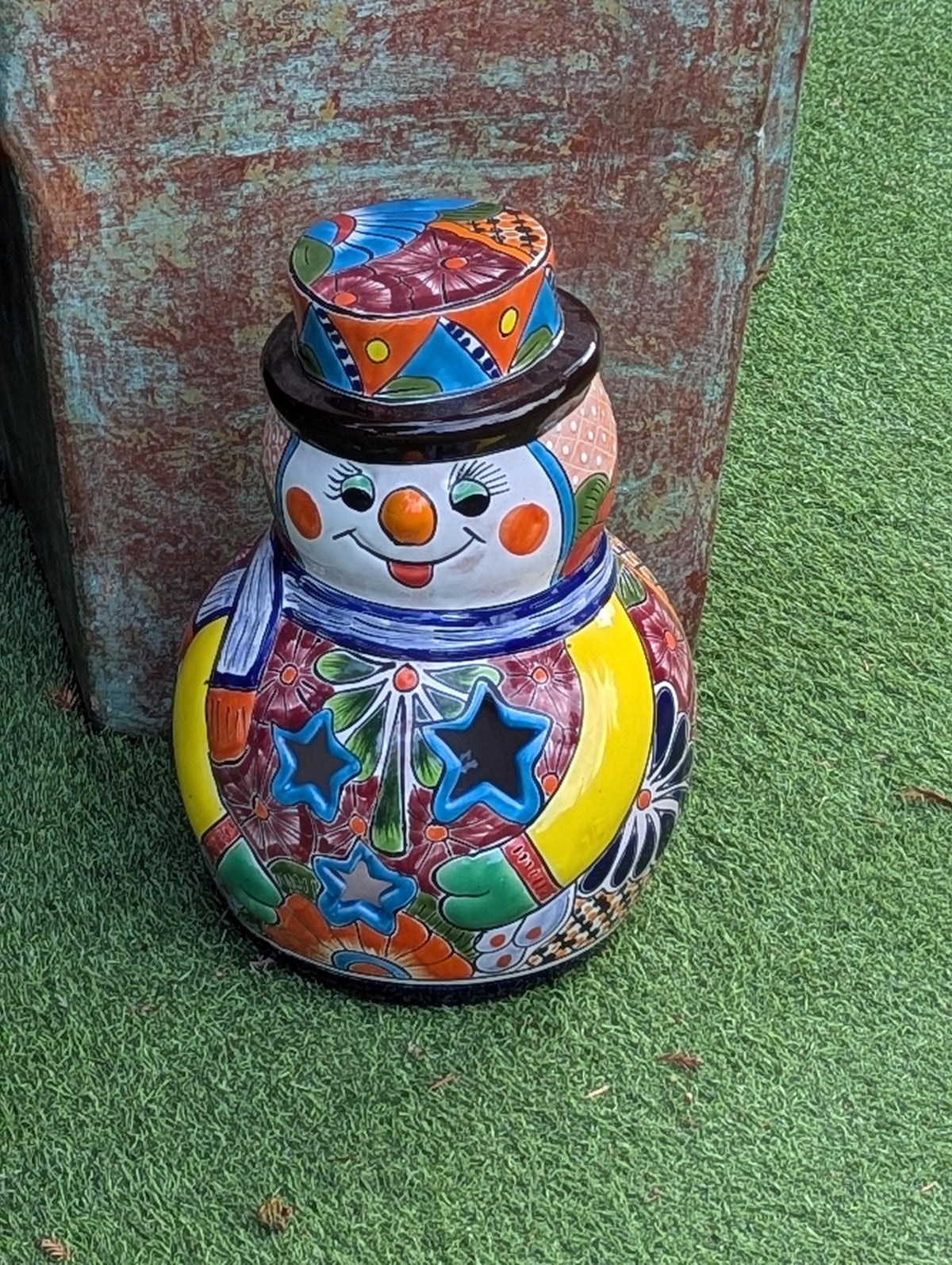 Handmade Talavera Snowman Figurine | Hand Painted Ceramic Mexican Pottery | Holiday Centerpiece Decor