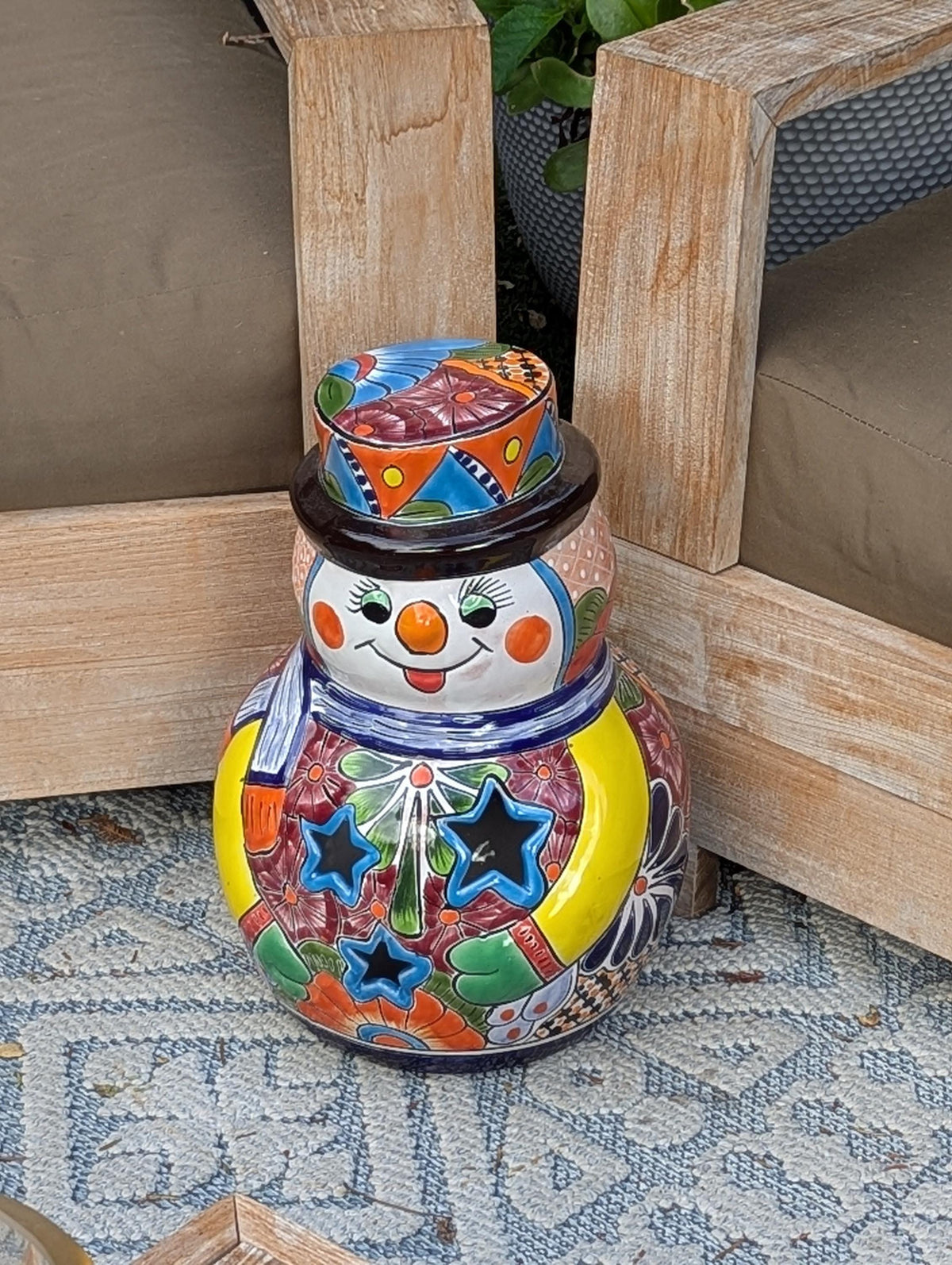 Handmade Talavera Snowman Figurine | Hand Painted Ceramic Mexican Pottery | Holiday Centerpiece Decor