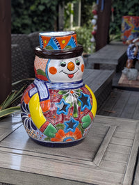 Handmade Talavera Snowman Figurine | Hand Painted Ceramic Mexican Pottery | Holiday Centerpiece Decor