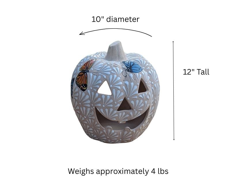 Hand Painted Halloween Pumpkin Decor | Butterfly Floral Jack-o-Lantern  | Mexican Pottery Candle Holder