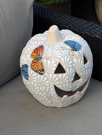 Hand Painted Halloween Pumpkin Decor | Butterfly Floral Jack-o-Lantern  | Mexican Pottery Candle Holder