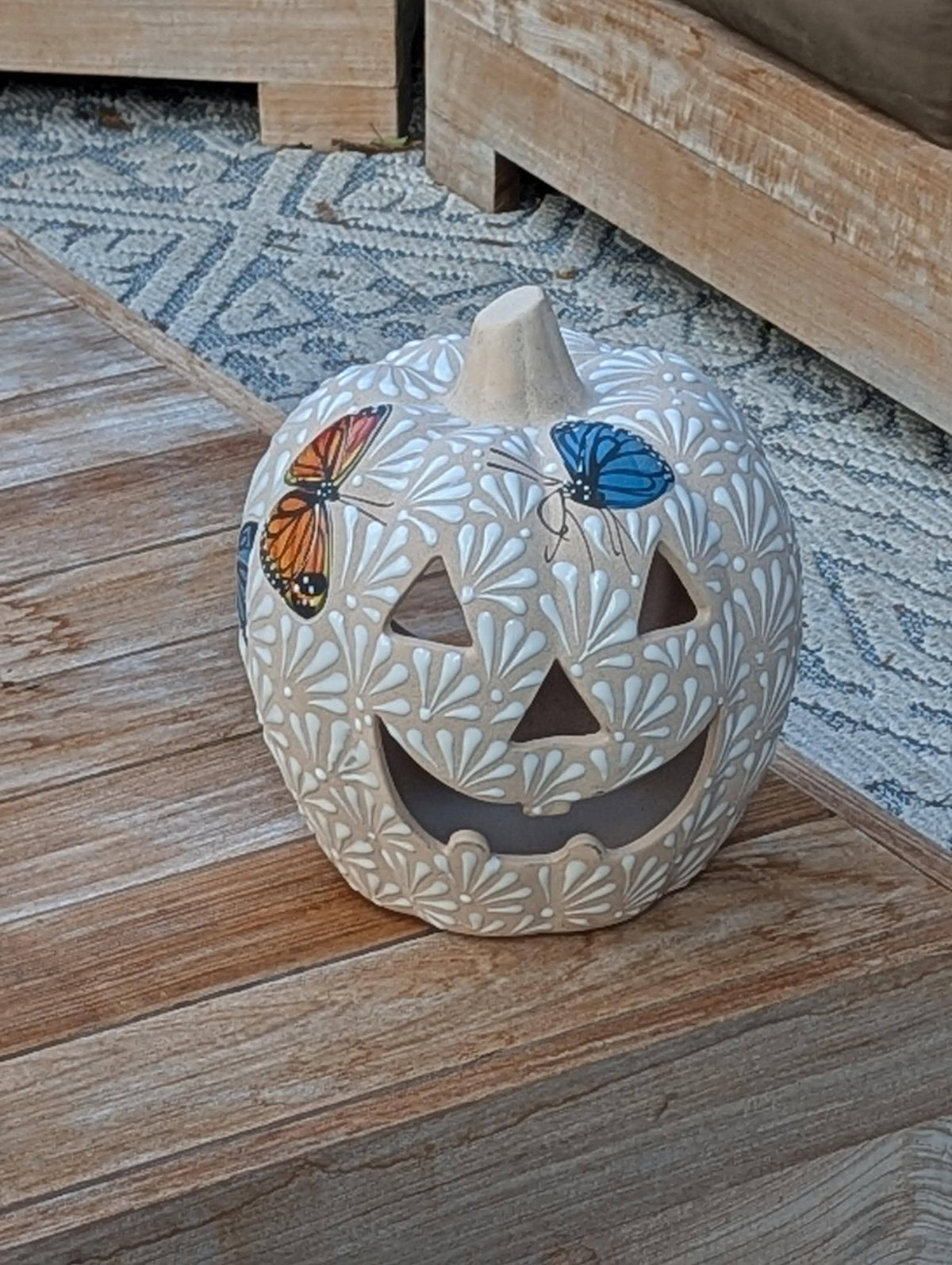 Hand Painted Halloween Pumpkin Decor | Butterfly Floral Jack-o-Lantern  | Mexican Pottery Candle Holder