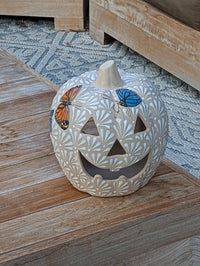 Hand Painted Halloween Pumpkin Decor | Butterfly Floral Jack-o-Lantern  | Mexican Pottery Candle Holder