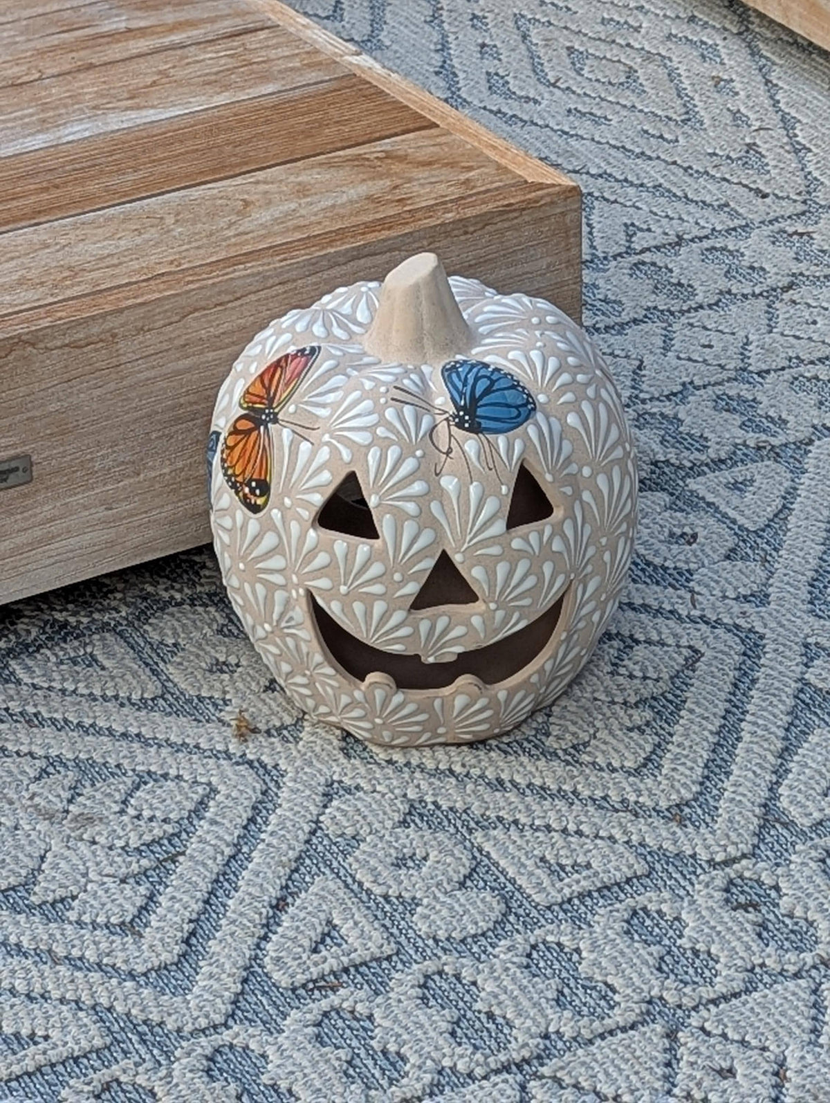 Hand Painted Halloween Pumpkin Decor | Butterfly Floral Jack-o-Lantern  | Mexican Pottery Candle Holder