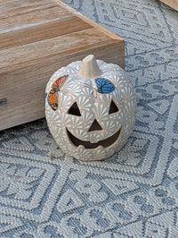 Hand Painted Halloween Pumpkin Decor | Butterfly Floral Jack-o-Lantern  | Mexican Pottery Candle Holder