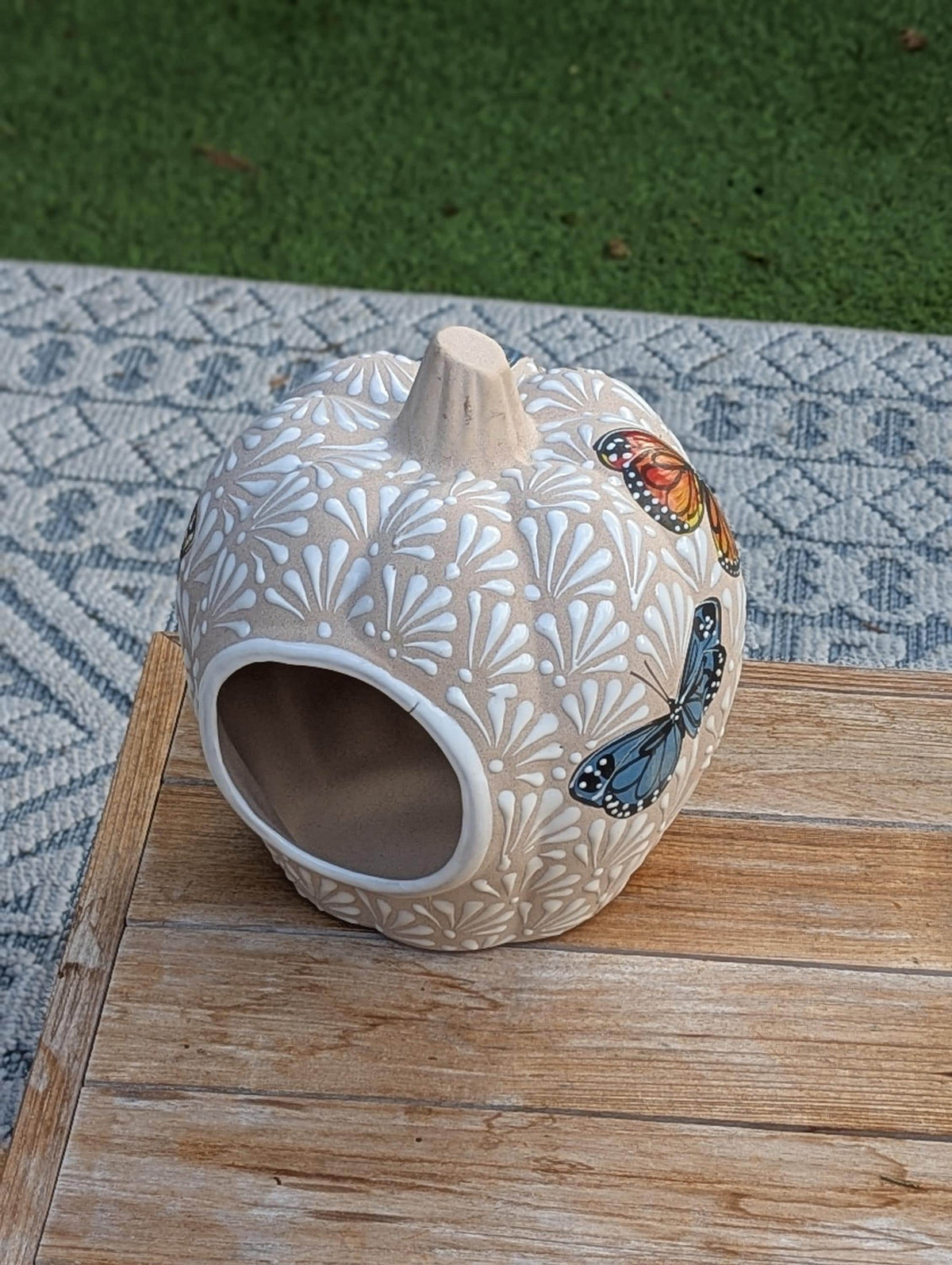 Hand Painted Halloween Pumpkin Decor | Butterfly Floral Jack-o-Lantern  | Mexican Pottery Candle Holder
