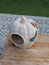 Hand Painted Halloween Pumpkin Decor | Butterfly Floral Jack-o-Lantern  | Mexican Pottery Candle Holder