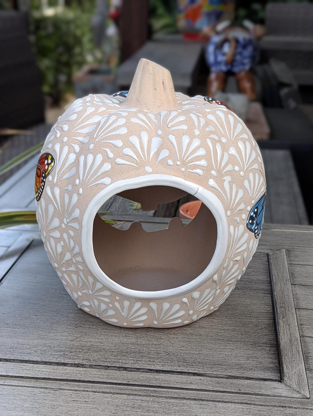 Hand Painted Halloween Pumpkin Decor | Butterfly Floral Jack-o-Lantern  | Mexican Pottery Candle Holder