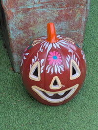 Halloween Pumpkin Decor | Hand Painted Jack-o-Lantern | Mexican Pottery Candle Holder