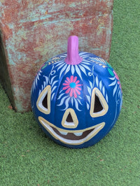 Blue Halloween Pumpkin Decor | Hand Painted Jack-o-Lantern | Mexican Pottery Candle Holder