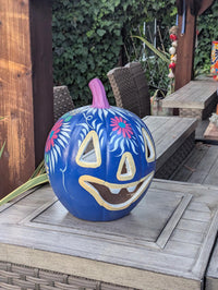Blue Halloween Pumpkin Decor | Hand Painted Jack-o-Lantern | Mexican Pottery Candle Holder
