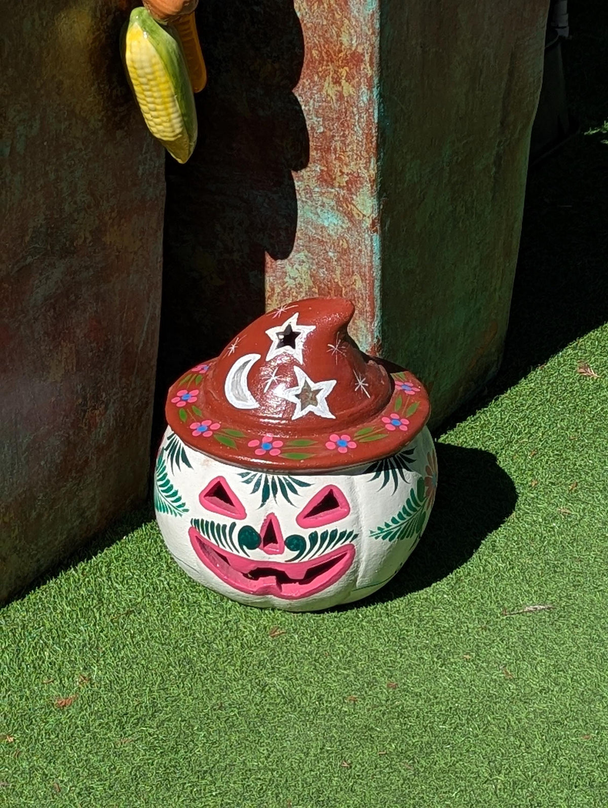 Clay Pumpkin Halloween Decor | Hand Painted Beige Jack O Lantern Mexican Talavera Candle Holder