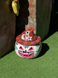 Clay Pumpkin Halloween Decor | Hand Painted Beige Jack O Lantern Mexican Talavera Candle Holder