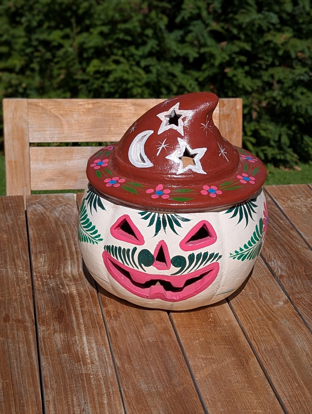 Clay Pumpkin Halloween Decor | Hand Painted Beige Jack O Lantern Mexican Talavera Candle Holder