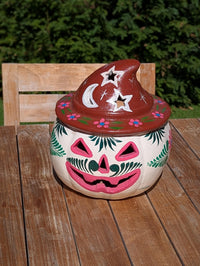 Clay Pumpkin Halloween Decor | Hand Painted Beige Jack O Lantern Mexican Talavera Candle Holder