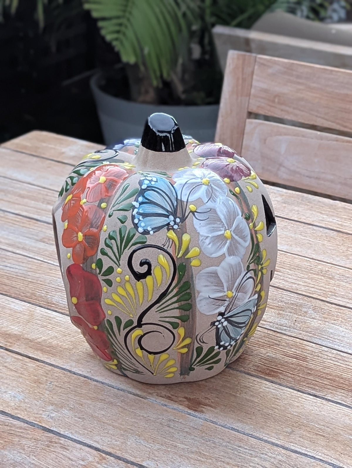 Halloween Pumpkin Decor | Hand Painted Butterfly Floral Jack-o-Lantern  | Mexican Pottery Candle Holder