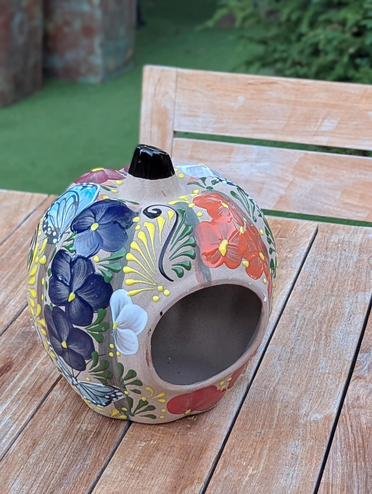 Halloween Pumpkin Decor | Hand Painted Butterfly Floral Jack-o-Lantern  | Mexican Pottery Candle Holder