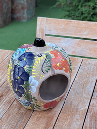 Halloween Pumpkin Decor | Hand Painted Butterfly Floral Jack-o-Lantern  | Mexican Pottery Candle Holder