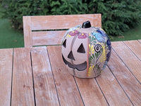 Halloween Pumpkin Decor | Hand Painted Butterfly Floral Jack-o-Lantern  | Mexican Pottery Candle Holder