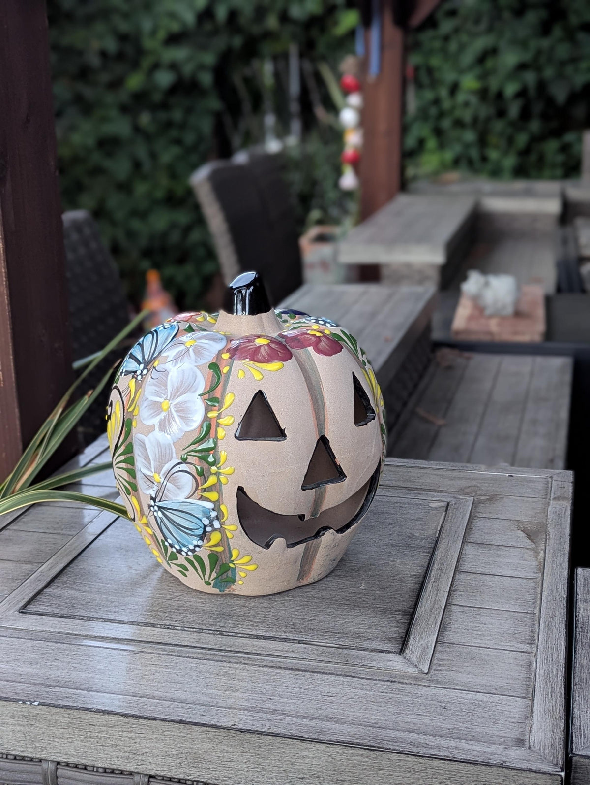 Halloween Pumpkin Decor | Hand Painted Butterfly Floral Jack-o-Lantern  | Mexican Pottery Candle Holder