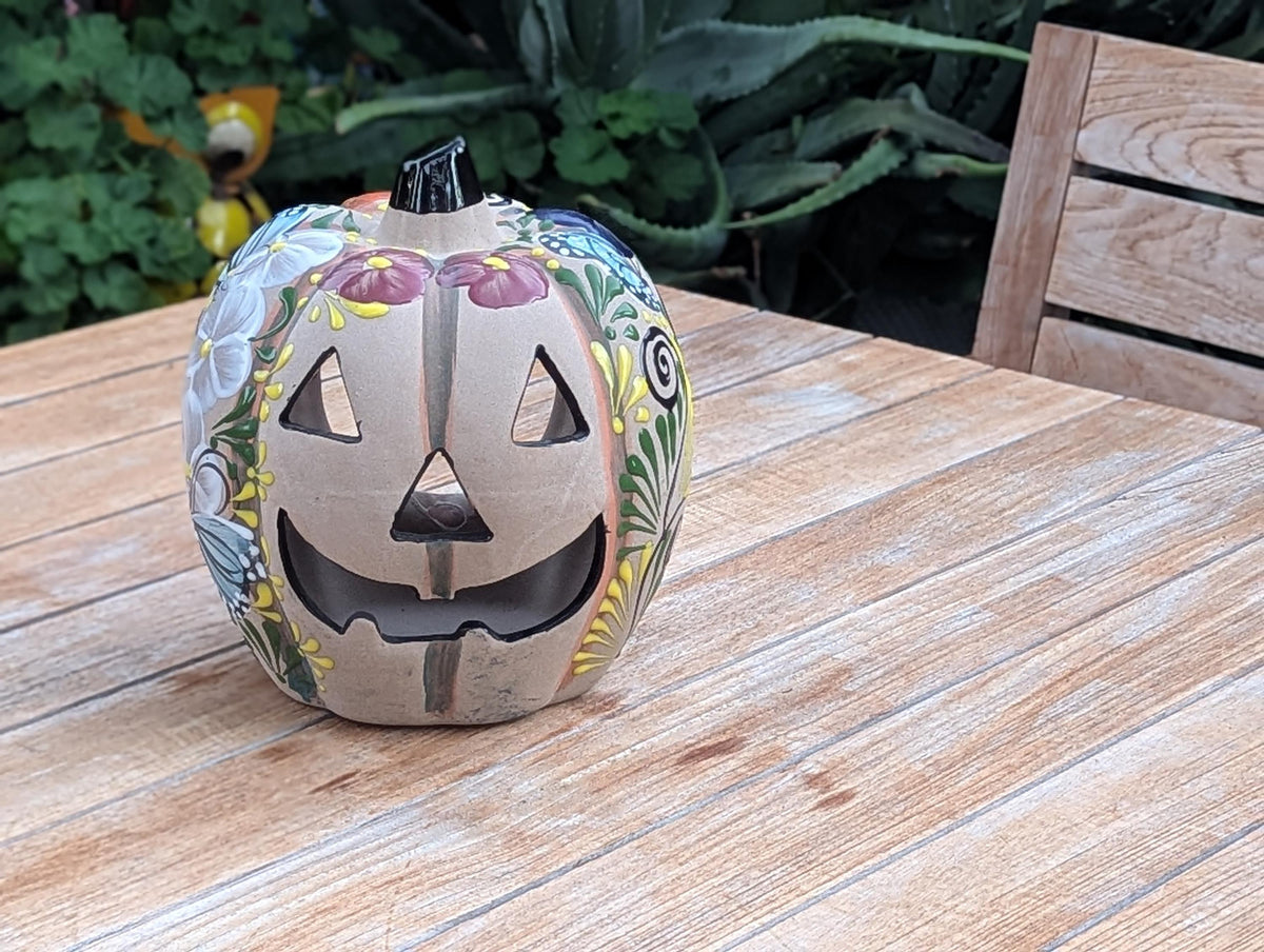 Halloween Pumpkin Decor | Hand Painted Butterfly Floral Jack-o-Lantern  | Mexican Pottery Candle Holder