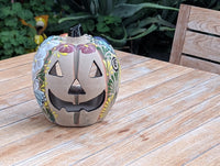 Halloween Pumpkin Decor | Hand Painted Butterfly Floral Jack-o-Lantern  | Mexican Pottery Candle Holder