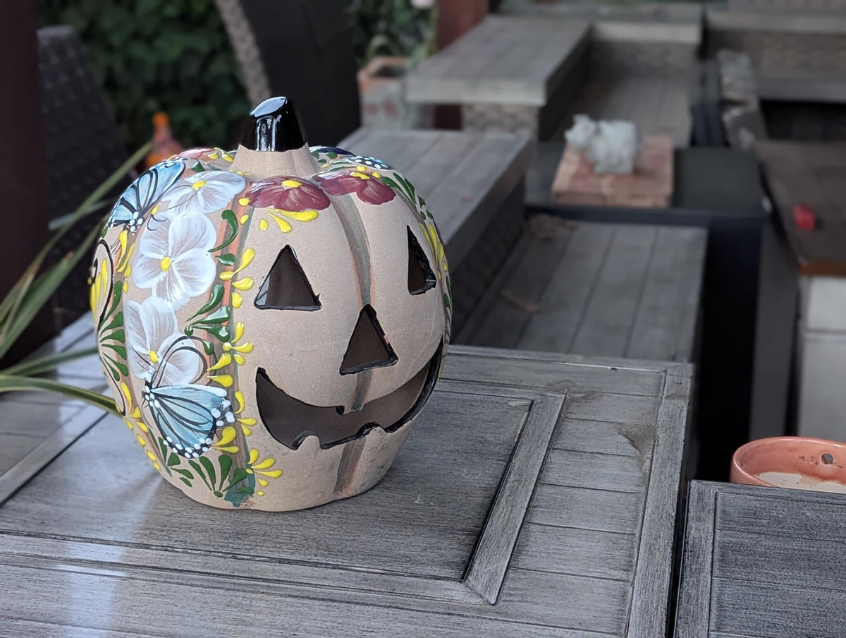 Halloween Pumpkin Decor | Hand Painted Butterfly Floral Jack-o-Lantern  | Mexican Pottery Candle Holder