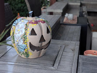 Halloween Pumpkin Decor | Hand Painted Butterfly Floral Jack-o-Lantern  | Mexican Pottery Candle Holder