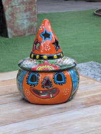 Jack o Lantern Halloween Pumpkin Decor |  13.5" Tall Mexican Talavera Pottery Candle Holder