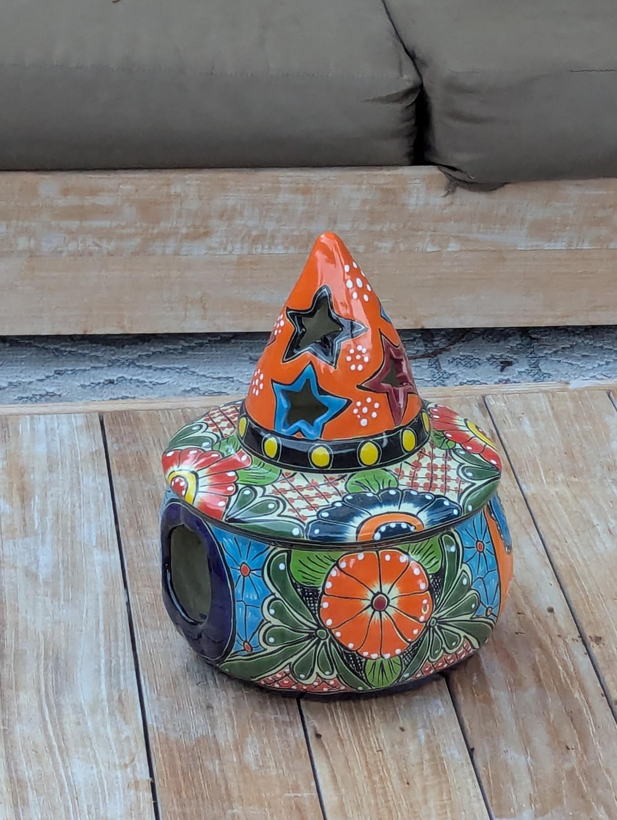 Jack o Lantern Halloween Pumpkin Decor |  13.5" Tall Mexican Talavera Pottery Candle Holder