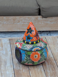 Jack o Lantern Halloween Pumpkin Decor |  13.5" Tall Mexican Talavera Pottery Candle Holder