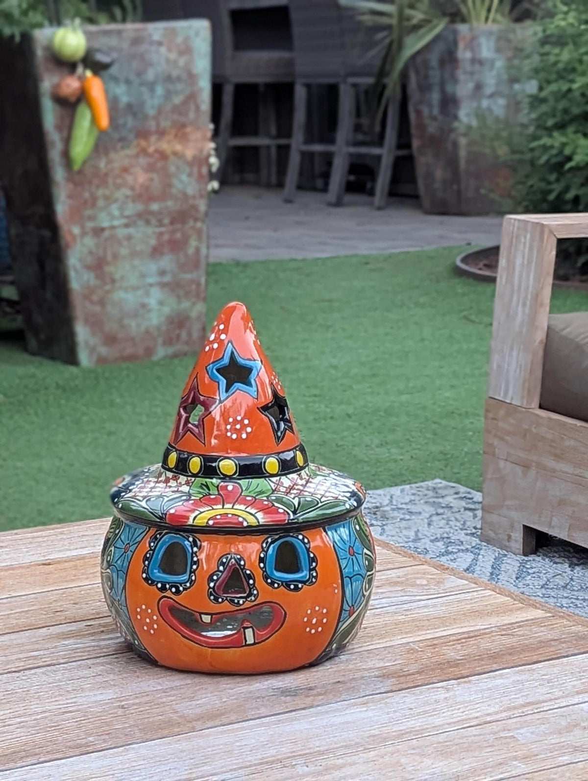 Jack o Lantern Halloween Pumpkin Decor |  13.5" Tall Mexican Talavera Pottery Candle Holder