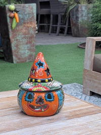 Jack o Lantern Halloween Pumpkin Decor |  13.5" Tall Mexican Talavera Pottery Candle Holder