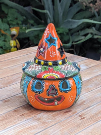 Jack o Lantern Halloween Pumpkin Decor |  13.5" Tall Mexican Talavera Pottery Candle Holder