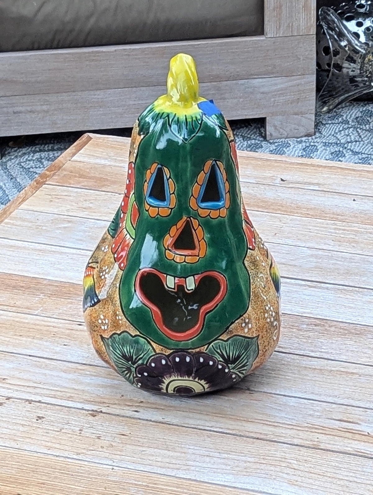 Green Talavera Pumpkin Decor | Handmade Mexican Ceramic Jack-o-Lantern Candle Holder