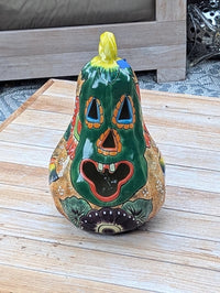 Green Talavera Pumpkin Decor | Handmade Mexican Ceramic Jack-o-Lantern Candle Holder